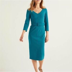 NWT Boden Margie Ottoman V-neck Belted 3/4 Sleeve Midi Sheath Dress Teal Blue 6